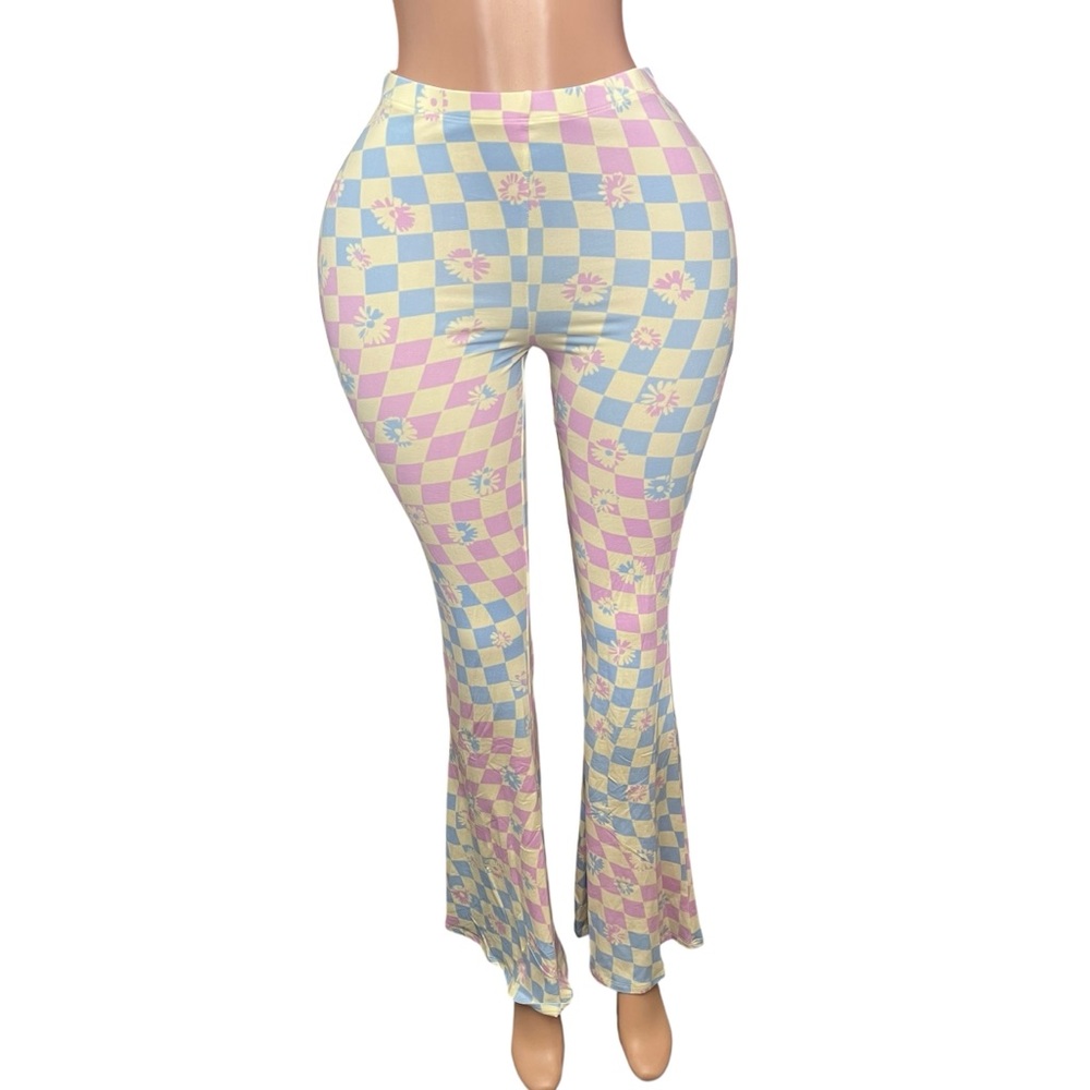 Stylish Checkered Flare Pants - Pastel Blue and Yellow